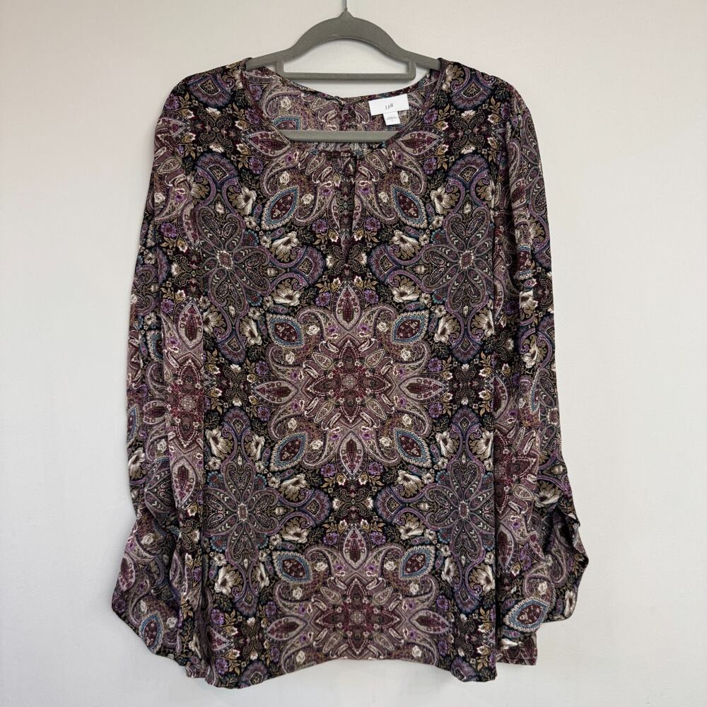 J. Jill Womens Top Size L Boho Medallion Print Tunic Blouse Purple Maroon